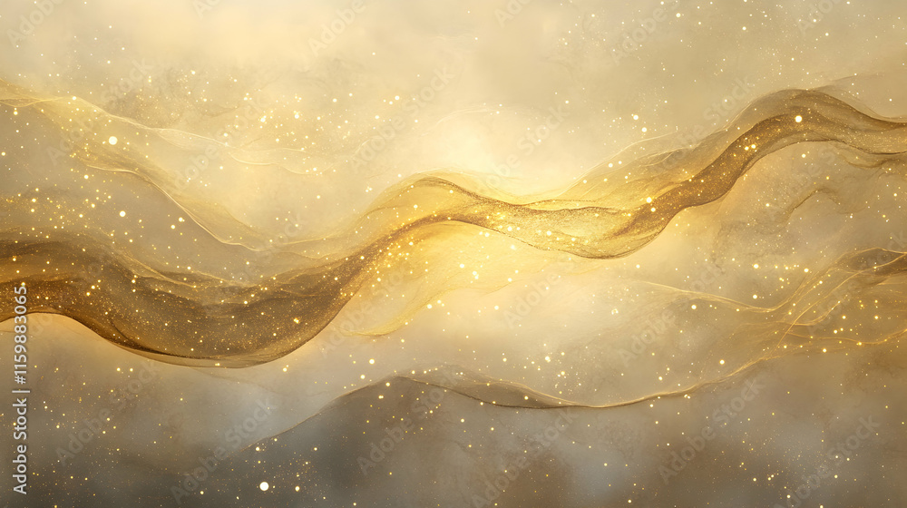 Poster abstract radiant gold rays flowing across a muted beige background with glowing nebula patterns and 