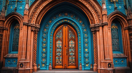 Obraz premium Ornate wooden doors framed by intricate blue and orange architecture.