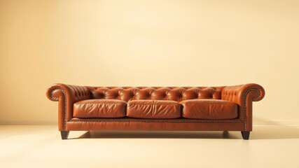 Brown Leather Couch Pastel Background AI Photo, High Quality, Copy Space