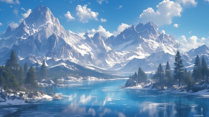 A vast frozen lake surrounded by snow-capped mountains and pine trees.