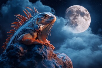 A dramatic image of an iguana illuminated by moonlight, perched on a rocky cliff with a misty background