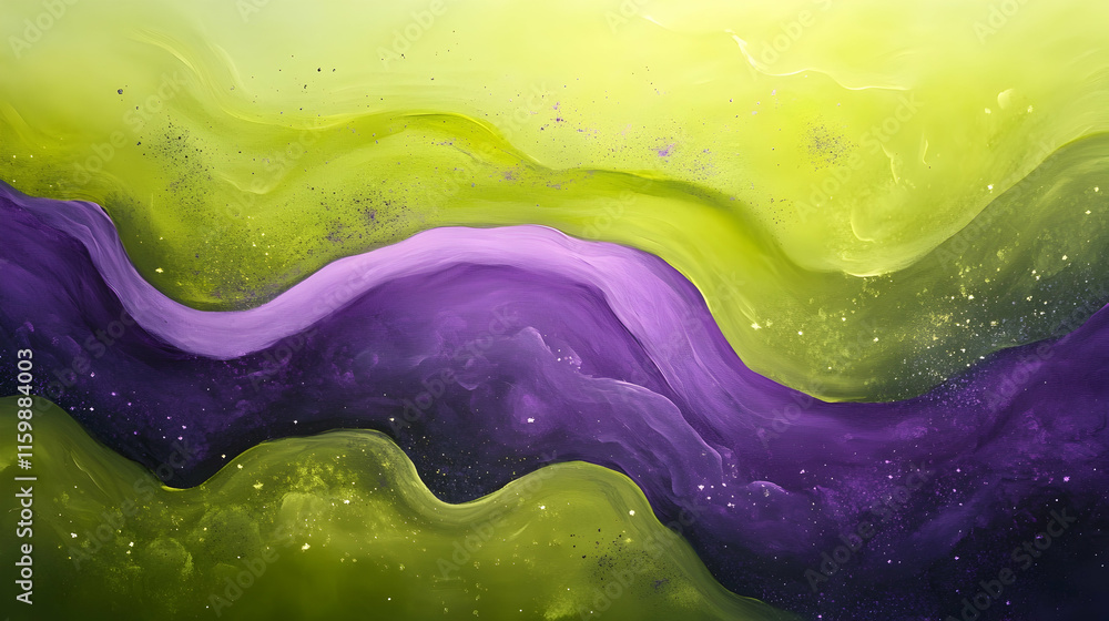 Poster abstract radiant purple waves moving across a lime green background with glowing nebula details and 