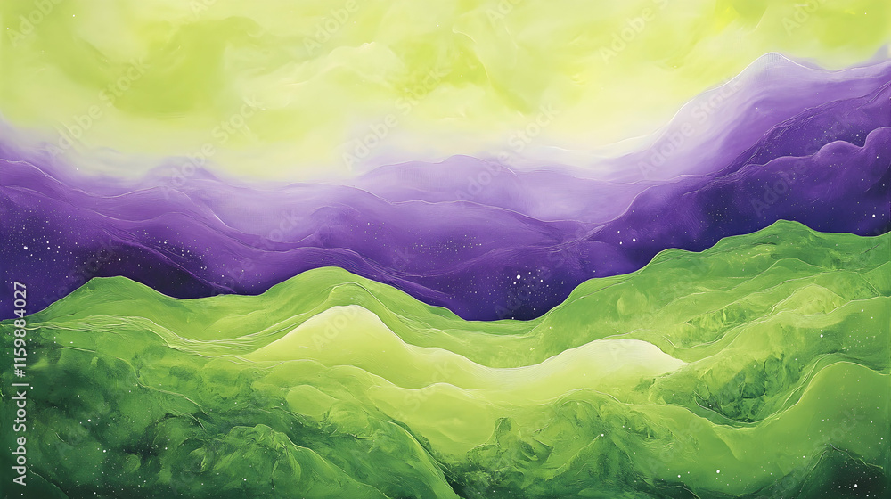Poster abstract radiant purple waves moving across a lime green background with glowing nebula details and 