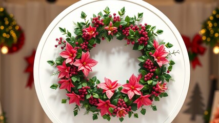 Christmas Wreath Mistletoe Poinsettias Round Frame - Festive Design