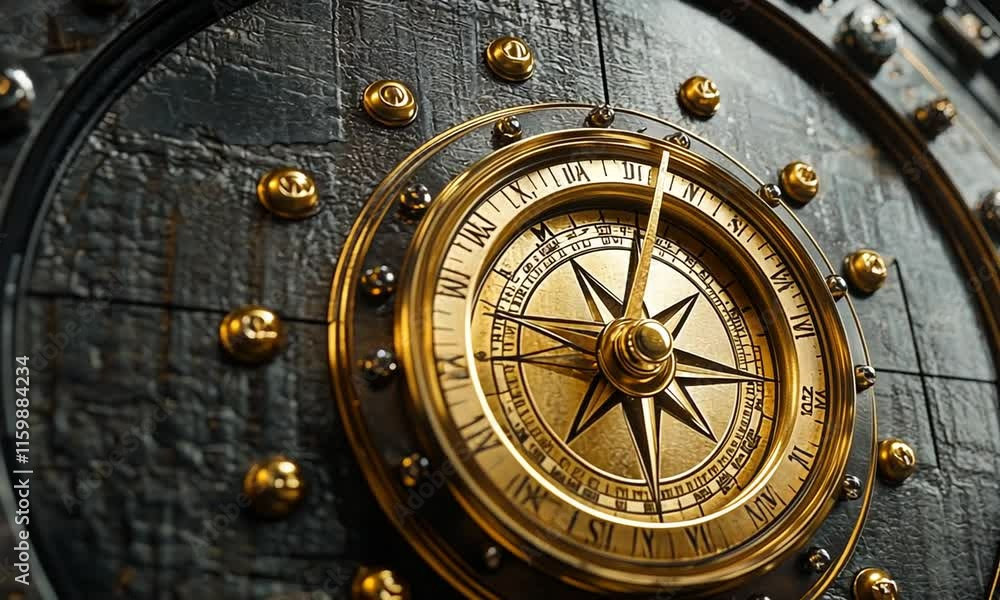 Poster a close-up of an ornate compass embedded in a textured vault door.