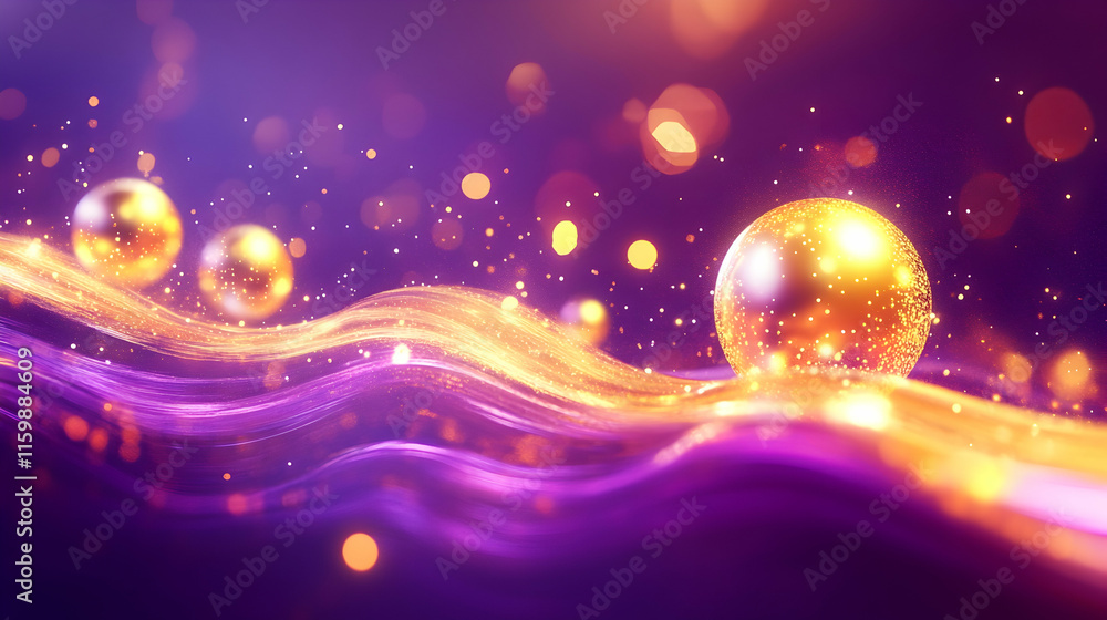 Poster abstract scene of shimmering golden orbs against a deep purple background with glowing nebula effect