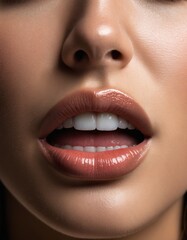 Obraz premium Close-up of glossy lips with perfect white teeth in soft lighting