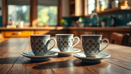 Fototapeta premium Coffee Cups on Wooden Table - Bright Kitchen Scene, High-Quality AI Photo