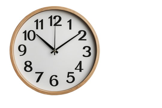 A wooden clock with the hands at 3:00 and 9:00