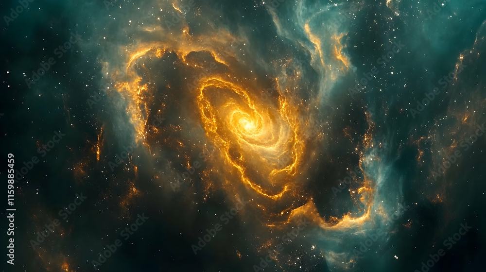 Poster abstract swirling amber patterns over a dark teal background with glowing nebula details and dynamic