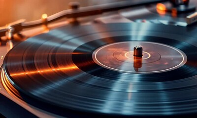 A close-up of a spinning vinyl record on a turntable, showcasing grooves and reflections.