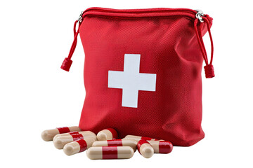 A red bag with a white cross on it and a bunch of pills inside