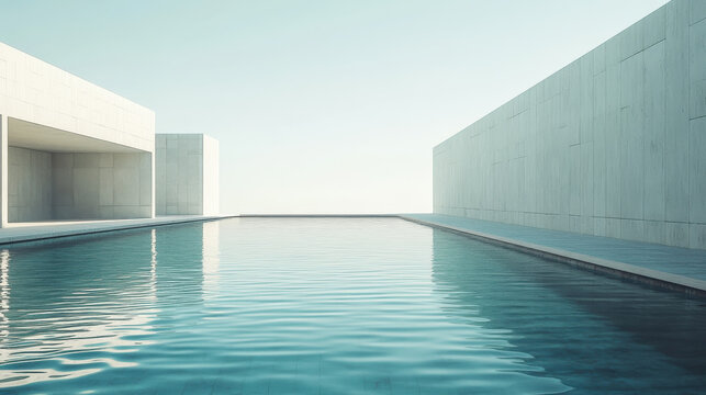 Tranquil infinity pool with minimalist architecture reflecting in the calm water. Serene, modern design.