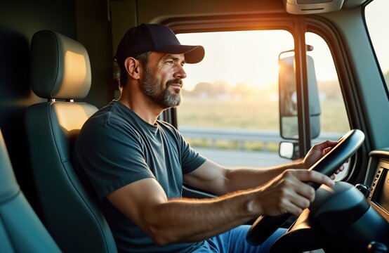 Middle-aged man drives large truck. Sits in cockpit, looking ahead. Using mobile device driving. Image shows pro truck driver at work. Photo captures moment on road. Situation dangerous. Truck driver