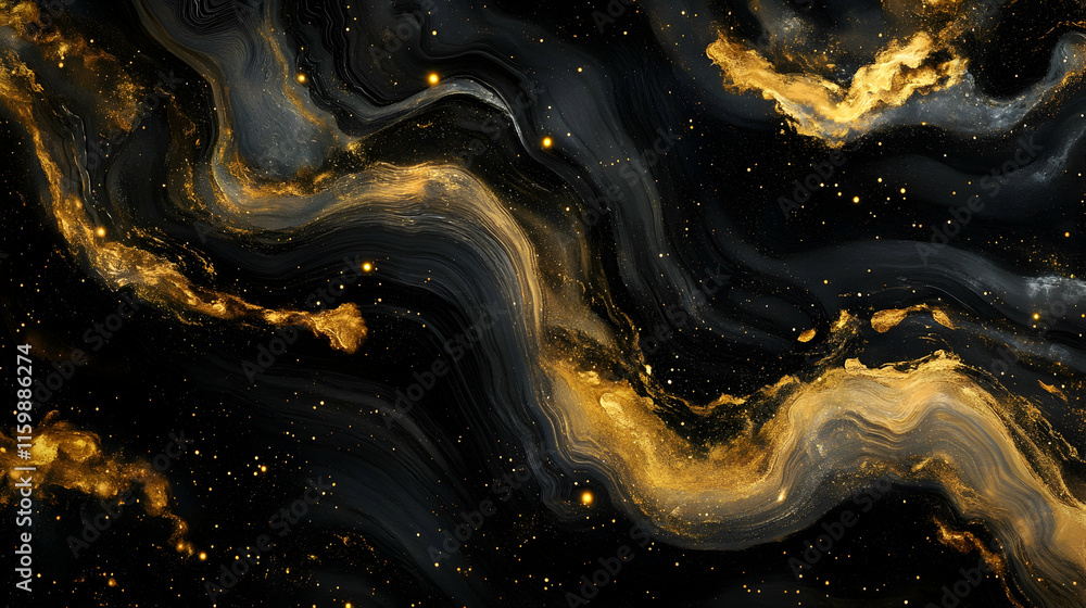 Poster abstract swirling golden clouds on a black background with glowing nebula textures and shimmering st