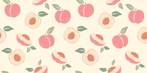 Peach seamless pattern with leaf. Half, slice and whole shape of peach, nectarine, apricot. Flat design of peaches illustration for fabric, paper, wallpaper, cover, interior decoration.