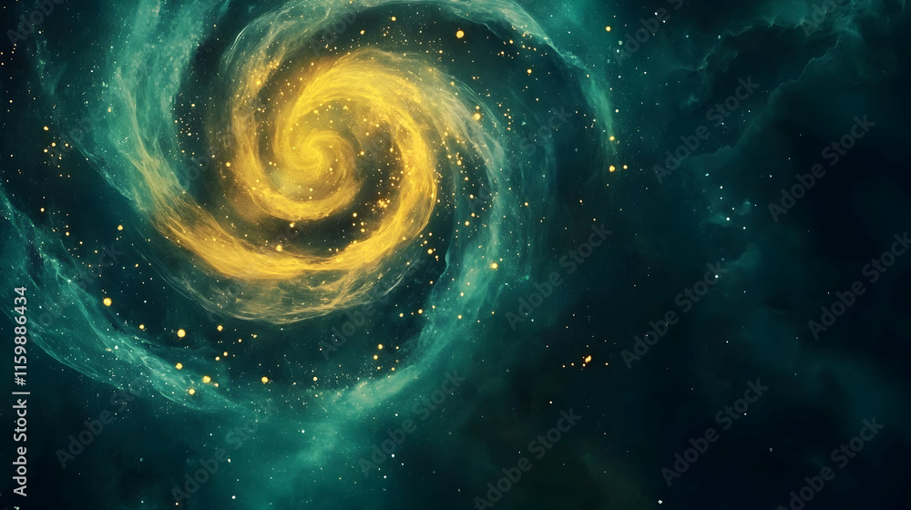Aufkleber abstract swirling golden spirals on a deep emerald background with glowing nebula textures and dynam