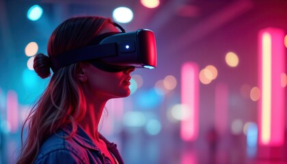 Woman experiences virtual reality event. VR headset worn in bright space. Holographic networking displayed. Futuristic tech environment. Colorful lights. Interactive simulation. Modern design.
