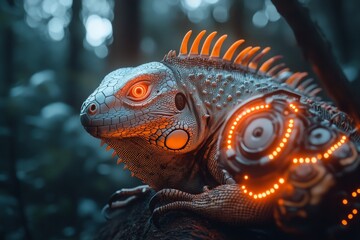 Fototapeta premium A futuristic iguana with metallic scales and glowing neon spines, perched on a robotic tree in a high-tech jungle