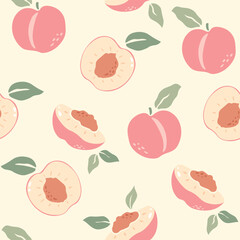 Peaches vector seamless pattern with leaves. Half, slice and whole shape of peach, nectarine, apricot. Flat design of peaches illustration for fabric, paper, wallpaper, cover, interior decoration.