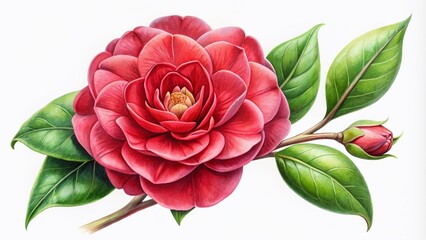 Obraz premium Red Camellia Watercolor Botanical Illustration, Food Photography Style