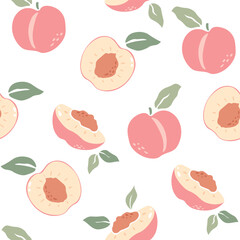 Peaches vector seamless pattern with leaves. Half, slice and whole shape of peach, nectarine, apricot. Flat design of peaches illustration for fabric, paper, wallpaper, cover, interior decoration.