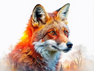 Obraz premium Red Fox Double Exposure AI Photo, White Background, Isolated