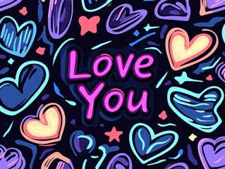 Colorful Hand-Drawn Love You Typography with Heart Patterns