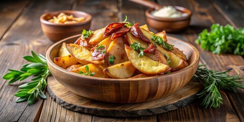 Crispy golden fried potato wedges topped with crispy bacon strips and served in a rustic wooden bowl surrounded by fresh herbs , rustic