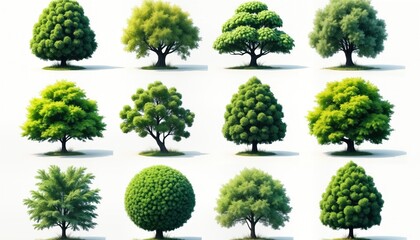 Top view illustration presents various types of trees bushes, shrubs. Detailed foliage design. Suitable for landscape design plans. Diverse vegetation enhances architectural layouts. Visual