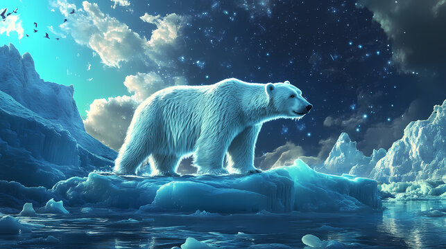 El oso polar y su reino de hielo bajo el cielo infinito. Glaciered. Illustration