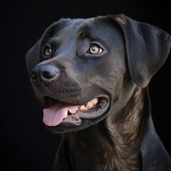 Happy black labrador with tongue out against black background