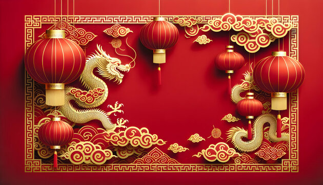 Chinese new year A traditional red Chinese background with a border featuring a gold dragon pattern Lanterns and clo2