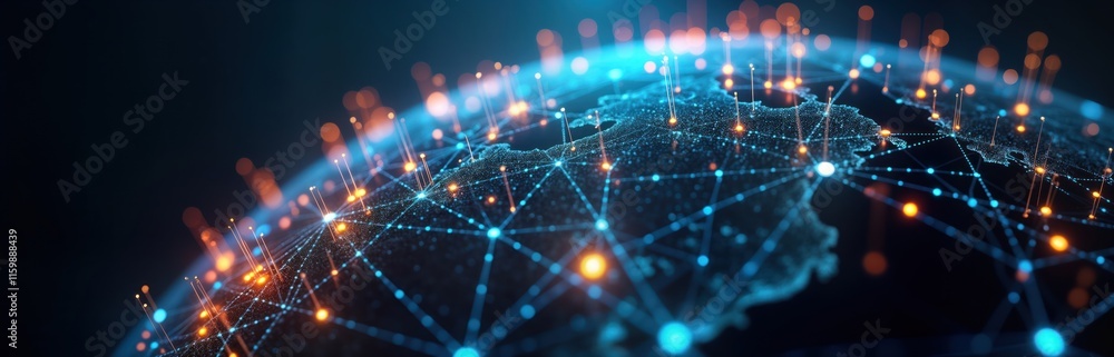 Poster global tech network illustrated. globe displays interconnected data flow. global communication syste
