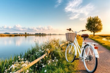 A group of cyclists enjoying a sunny ride along the IJsselmeer dike, with panoramic water views and green fields