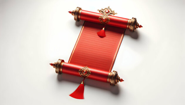 Chinese new year A red scroll, unrolled and vertically positioned, with a golden top, diamond-shaped ornaments, and r2