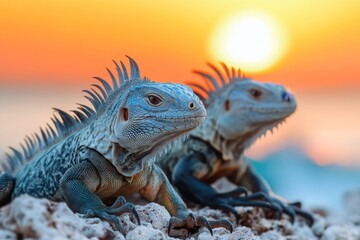 Fototapeta premium A group of iguanas basking together on a rocky shoreline, with waves crashing in the background
