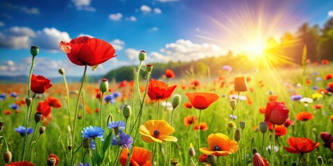 Obraz premium Sunny meadow with vibrant red poppies swaying gently in the breeze, surrounded by lush green grass and colorful wildflowers, on a warm summer day, field, summer meadow