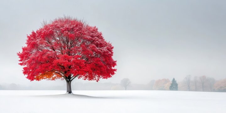 A majestic red maple tree stands alone in a serene winter landscape, its vibrant crimson leaves glowing against the soft white snow , winter scenery, outdoor scene