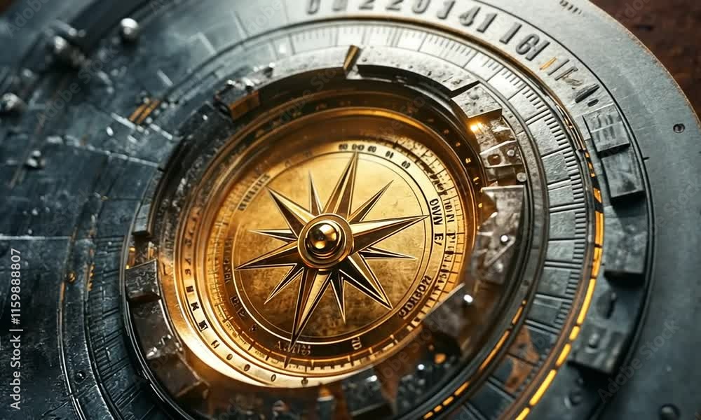 Poster a detailed compass design with a metallic finish and intricate patterns.