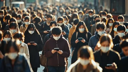 Crowds of Japanese commuters wearing surgical masks and looking at their phones walking to work backlit during rush hour. Captured on a telephoto lens in slow motion. - Powered by Adobe