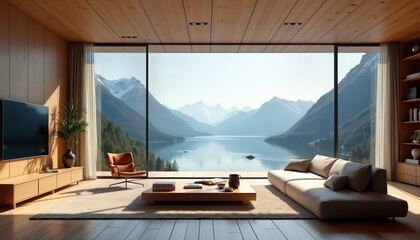 Modern home office with serene mountain vista. Large windows showcase tranquil lake, majestic mountains. Zen-inspired decor with natural wood tones, comfortable furniture. Ideal for remote work