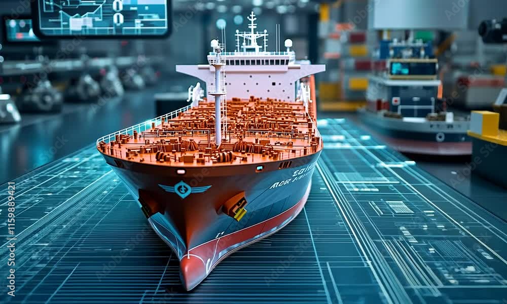 Poster a detailed model of a ship displayed on a digital blueprint background.