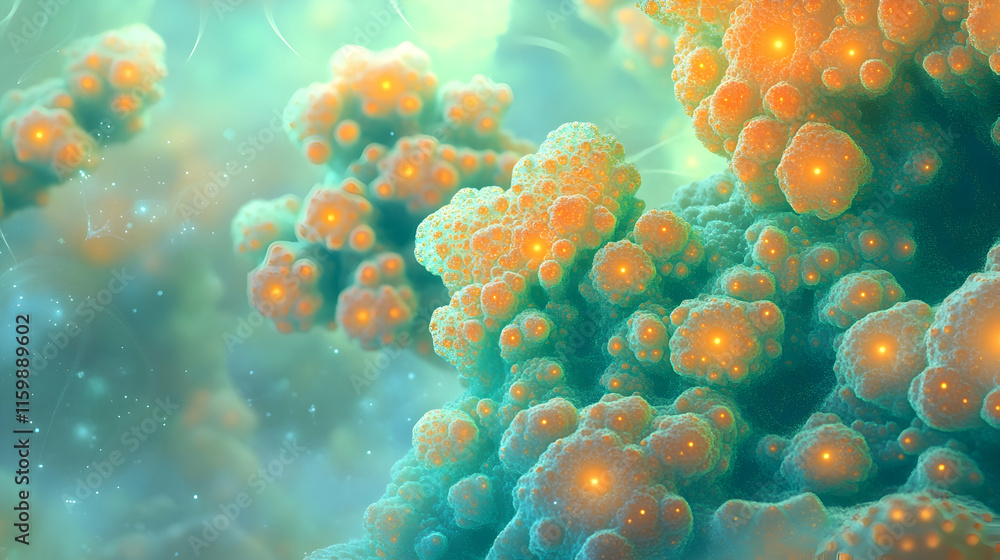Poster abstract vibrant green and orange clusters on a soft blue background with glowing nebula textures an