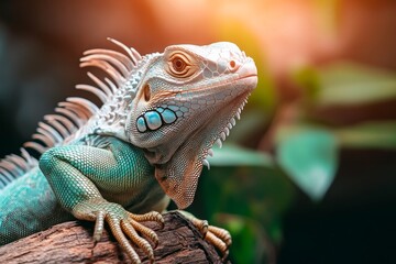 Fototapeta premium A large iguana climbing a tree branch, its tail wrapped around the bark and its head turned toward the camera