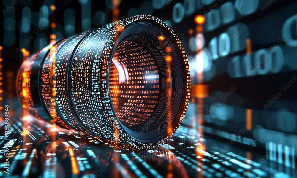 Poster a digital camera lens surrounded by flowing binary code and vibrant colors.