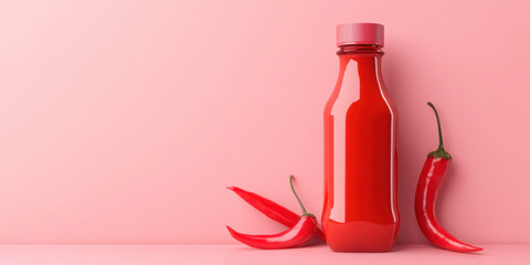 Obraz premium Red hot sauce bottle and chili peppers on a pink background. A vibrant, eye-catching image perfect for food and beverage advertising.