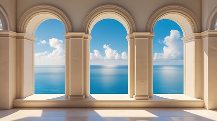 Breathtaking ocean view framed by elegant architectural arches and columns under a clear blue sky, offering a serene and luxurious atmosphere perfect for coastal retreats, Mediterranean design, and tr