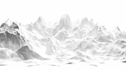 A crumpled, white paper landscape with mountains and valleys, rendered in a black and white style. Glaciered. Illustration