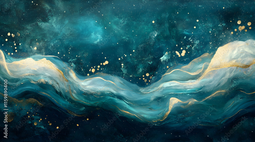 Poster abstract vibrant silver streams blending into a deep teal background with glowing nebula highlights 